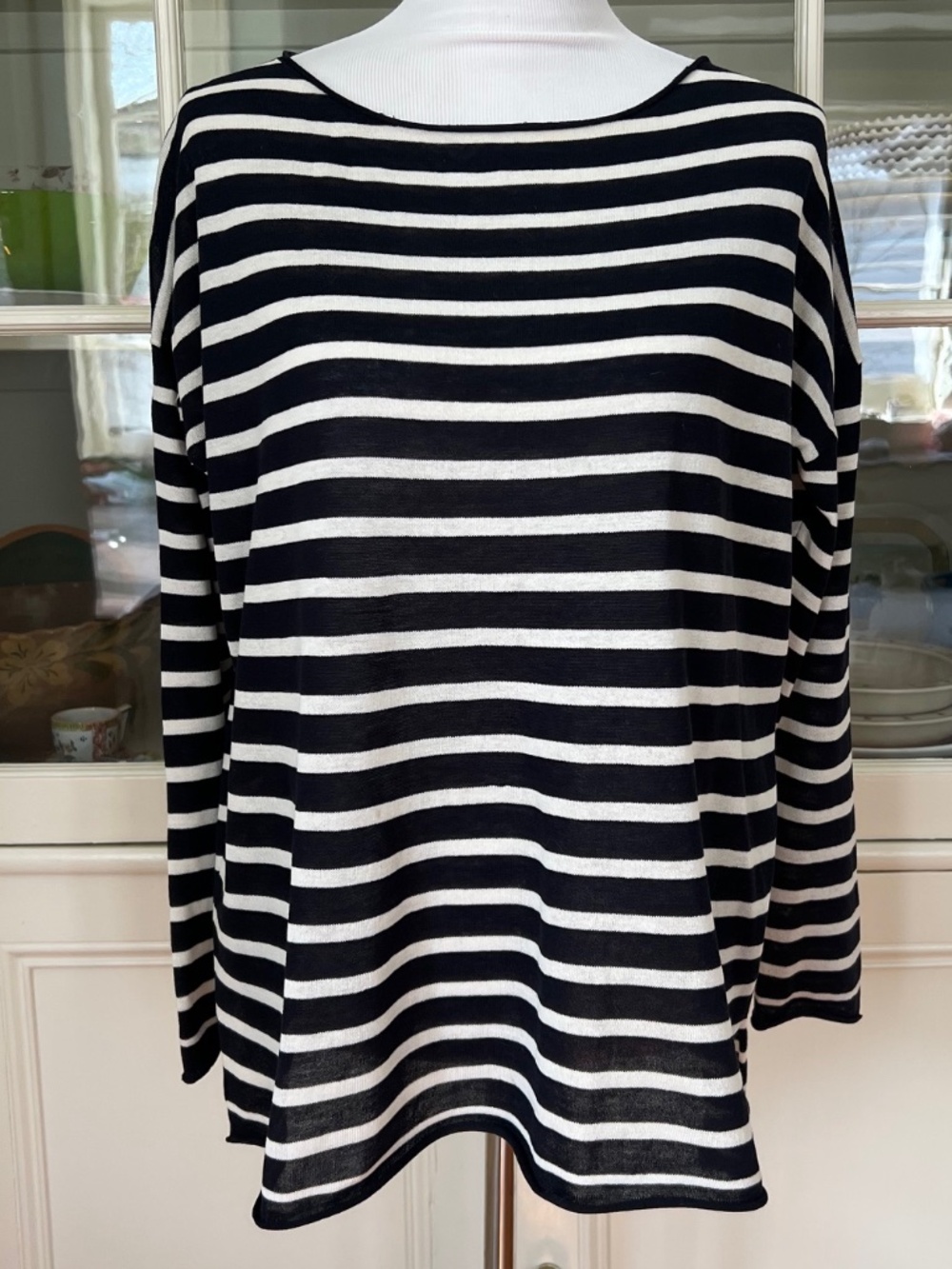 Nili Lotan Black & White Striped Cotton/Linen Sweater, Top, Size Medium